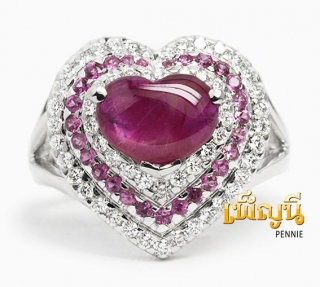 แหวนทับทิมรูปหัวใจล้อมเพชรและทับทิม